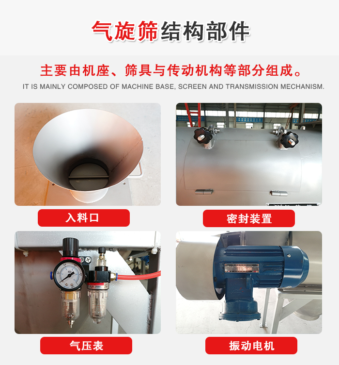 氣旋篩結構：入料口，密封裝置，電機，氣壓表等